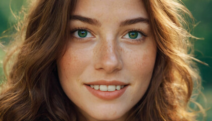 Young Woman with Freckles and Radiant Smile: Long Wavy Hair, Emerald Eyes, Outdoor Headshot