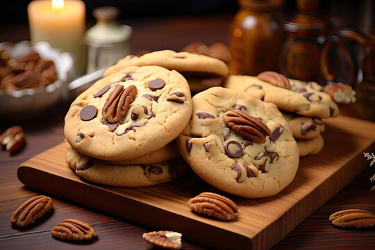 Chocolate chip cookies with pecans- A delicious image of chocolate chip cookies topped with pecans. Perfect for food blogs, bakery websites, and any content related to baking or desserts.