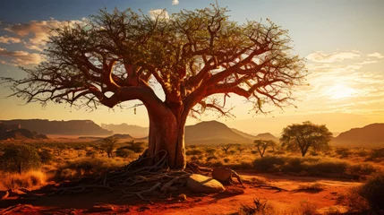 Rolgordijnen Close-up of a baobab tree against a desert background. Scorching heat, sunshine. Desert landscape. Generative AI © AngrySun