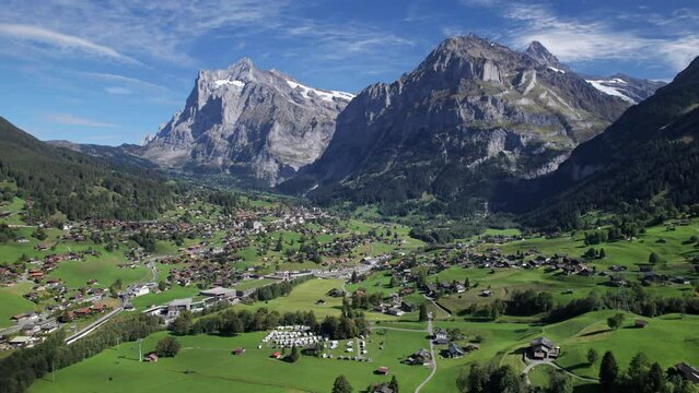 Aerial view of Grindelwald mountain village, Bernese Oberland, Switzerland. 2.5x speeded up from 24 fps.