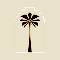 Palm tree arch thin line icon abstract design summer logo template modern minimal linear emblem for vacations rentals and travel services. Vector illustration
