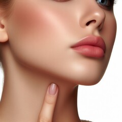 Close-up of a beautiful face, young girl, brunette with natural beauty, glowing skin without makeup, touches her neck with a finger. Part of the face, cosmetology concept. Cosmetics, beauty products. 