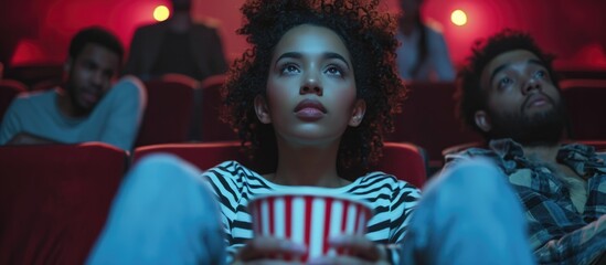 A young woman eagerly watching a movie with friends in a theater.