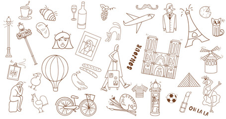 Paris ink sketch vector set famous symbols, tour, Notre Dame de Paris, art, tourism , metropolitan, Lampadaire, food