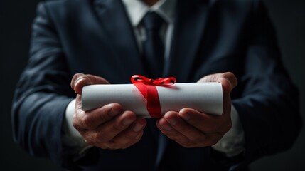 A businessman holds a roll of paper with a red ribbon. A bill of law. Lobbying for laws by big business. - obrazy, fototapety, plakaty