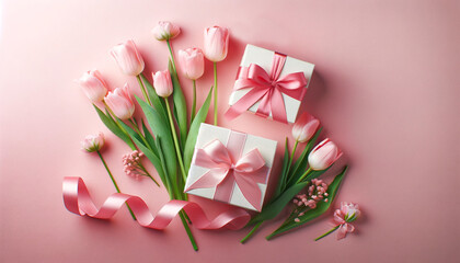 valentine's day or birthday gift, flowers and gift box on pink background