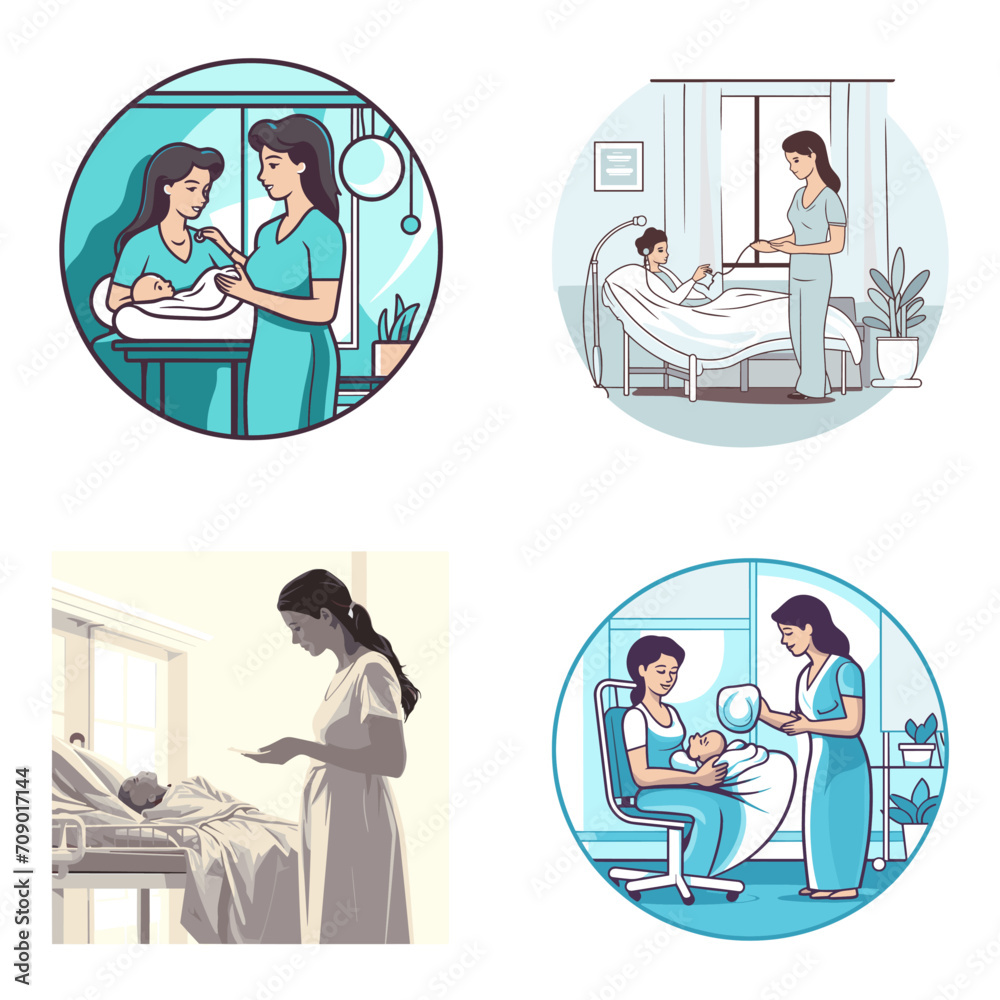 Wall mural Maternity Ward Care Pregnant Woman and Baby .simple isolated line styled vector illustration