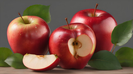 Ripe red apple fruits with apple slice and apple green leaves isolated on transparent background