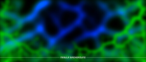 Vector abstract blurry wide blue green banner. Futuristic glowing nebulae. Not clear colored structures. Wallpaper or background.