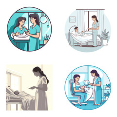Maternity Ward Care Pregnant Woman and Baby .simple isolated line styled vector illustration