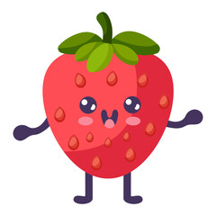 Groovy cartoon strawberry. Happy cute fruit character, plant with smiling face, funny berry, graphic elements isolated collection. Vector food illustration.