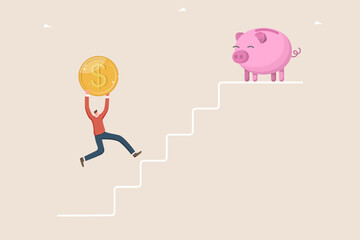 The path to achieving wealth, increasing savings, investing assets and money, successful money management, hard work to increase income and salary, man with a coin climbs the steps to the piggy bank.