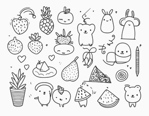 Fruits with face black line with white background
