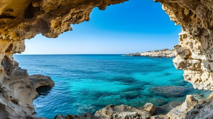 Fototapeta premium Sea Caves in Agia Napa, Cyprus, with a clear blue sky as the background, during a sunny afternoon