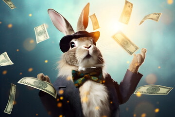 flying dollar banknotes around easter rabbit , Generative AI - obrazy, fototapety, plakaty