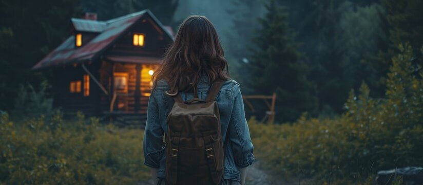 Back view girl with backpack standing by vintage wooden house in dark forest.