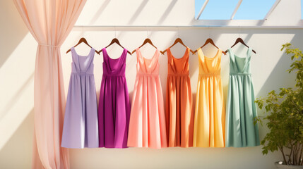 A vibrant collection of summer dresses in pastel shades hung in a row against a bright and airy backdrop with natural sunlight.
