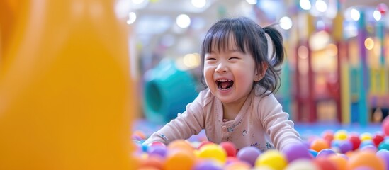 Fototapeta na wymiar Joyful child engaging in play in a vibrant indoor area.