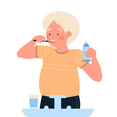 Little kid brushing his teeth. Kids hygiene morning routine, dental cleaning cartoon vector illustration
