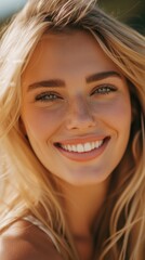 Close up sunshine face of a young smiling blonde woman outdoors during vacation with perfect sckincare and toothy smile