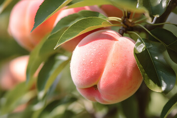Ripe white peaches on a tree in an orchard 