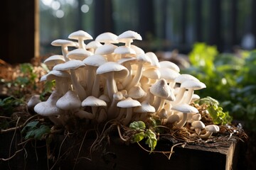 Harvest of mushrooms in the field, freshly picked mushrooms in basket, supermarket vegetable sample illustration, fresh mushrooms illustration