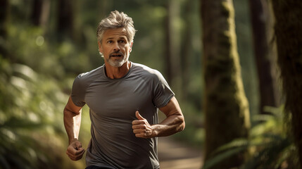 Elderly man running in a city park