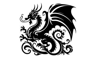 dragon detailed vector or silhouette illustration , black and white dragon ,detailed dragon illustration