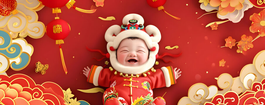 Cute Asian baby in Chinese traditional dress. Happy Chinese new year concept.