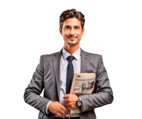 business man holding newspaper isolate