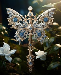 Beautiful adamantine key decorated with shining white diamonds and pearls.