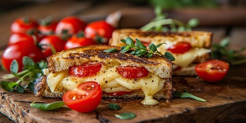 Melted cheese sandwich with tomatoes and fresh greens on a wooden surface
