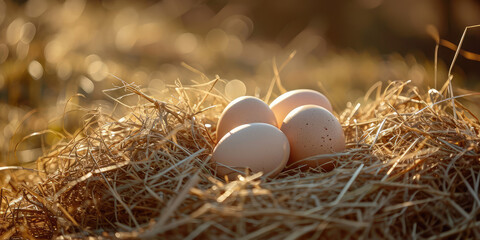 Obraz premium Close-up of quail eggs resting in a natural hay nest, symbolizing organic farming and sustainability, copy space. Fresh Farm Eggs Nestled in Hay.