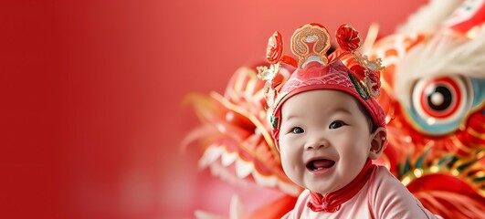 Fototapeta premium Portrait of happy Asian baby. Chinese new year concept.