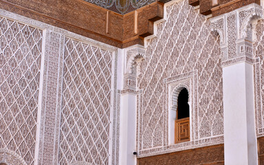 Restored 16th Century Cedar and Stucco Architecture in Medersa Ben Youssef, Marrakech