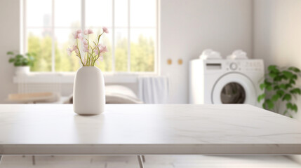 Fototapeta na wymiar A minimalist home interior showcasing a sleek marble table with a vase of delicate pink flowers, creating a serene atmosphere.