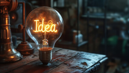 A bright idea in workshop. Light bulb concept. Business growth. Innovation. - obrazy, fototapety, plakaty