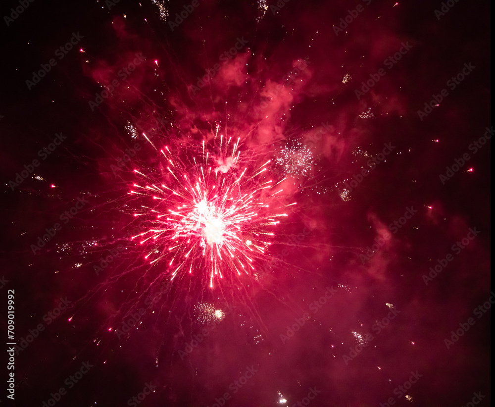 Sticker bright red firework in night sky