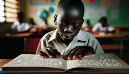 African Blind child at school sitting in the classroom reading a book in braille.