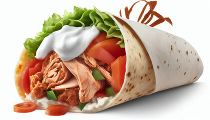 Tomato and chicken wrap doner separated on a white background