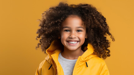 A smiling young girl in a vibrant yellow jacket stands confidently with a soft-focus urban street scene behind her.