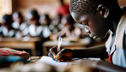African child writing in book while at school. Education is one of the keys to
reduce poverty and lay the foundations for
sustained economic growth. 