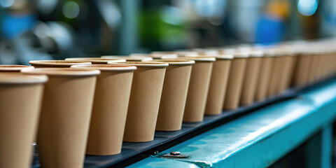 Paper Cups on Production Line in Factory, closeup. Row of eco-friendly paper cups on a conveyor belt in a manufacturing plant, branding and packing. - obrazy, fototapety, plakaty