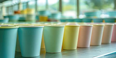 Paper pastel colors Cups on Production Line in Factory, closeup. Row of eco-friendly paper cups on a conveyor belt in a manufacturing plant, branding and packing. - obrazy, fototapety, plakaty