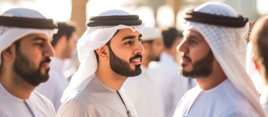 Fototapeta na wymiar Arabian businessmen in traditional attire gathering and collaborating in Dubai.