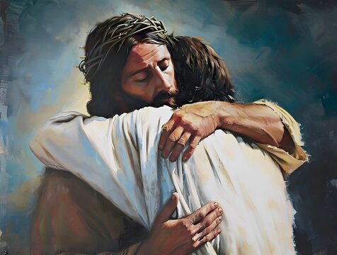 Jesus Christ hugging and comforting a man, oil painting