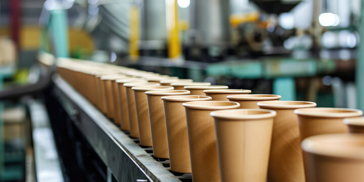 Paper beige Cups on Production Line in Factory, closeup. Row of eco-friendly paper cups on a conveyor belt in a manufacturing plant, branding and packing.