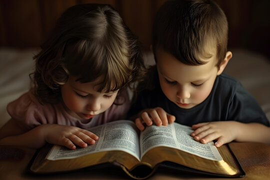 Caucasian little boy and girl reading holy bible book at the bed