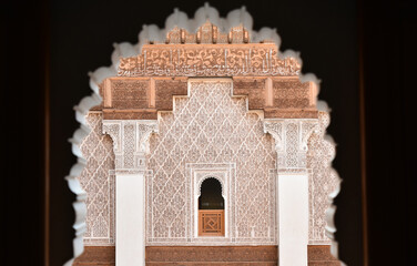 Restored Cedar Woodwork and Stucco Carving through Moroccan Arch in Medersa Ben Youssef