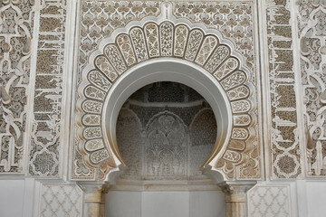 Elaborately Carved Keyhole Arch in Medersa Ben Youssef, Marrakech, Morocco, Close-up